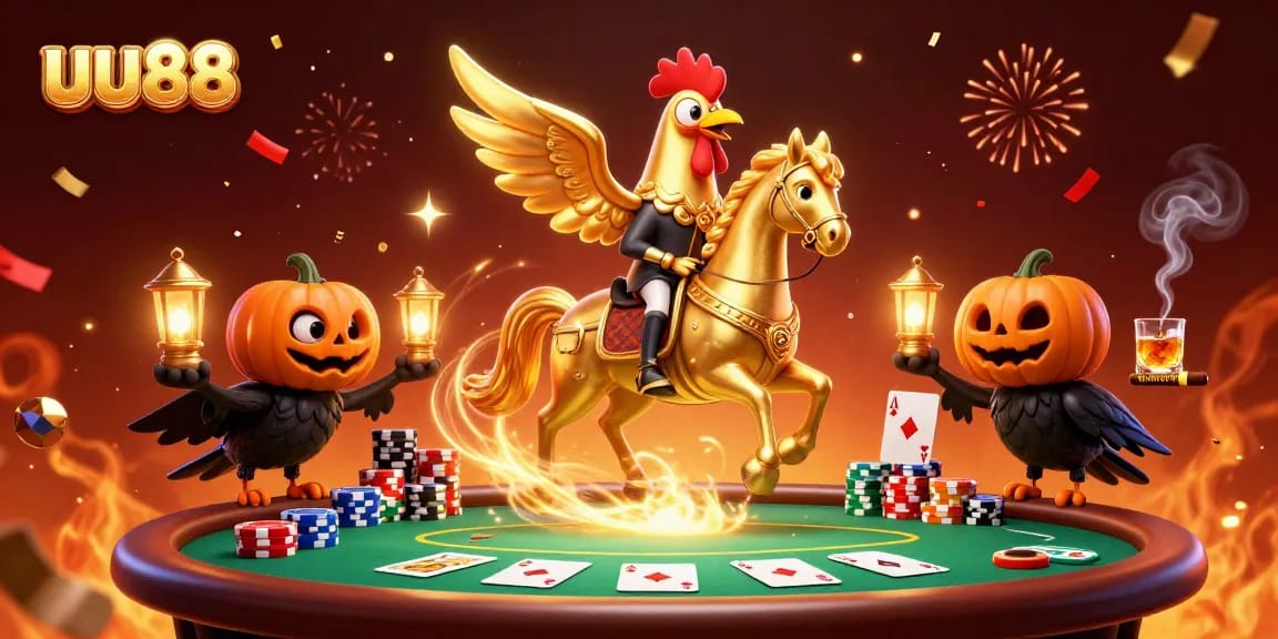 Engage in thrilling uu88 gaming experiences with dynamic golden rooster characters in a vibrant casino.