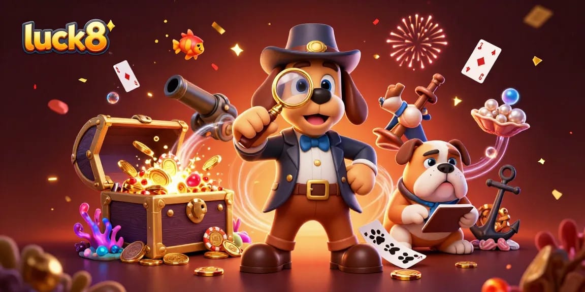 Join the luck8 adventure with a bloodhound detective and bulldog amidst casino treasures.
