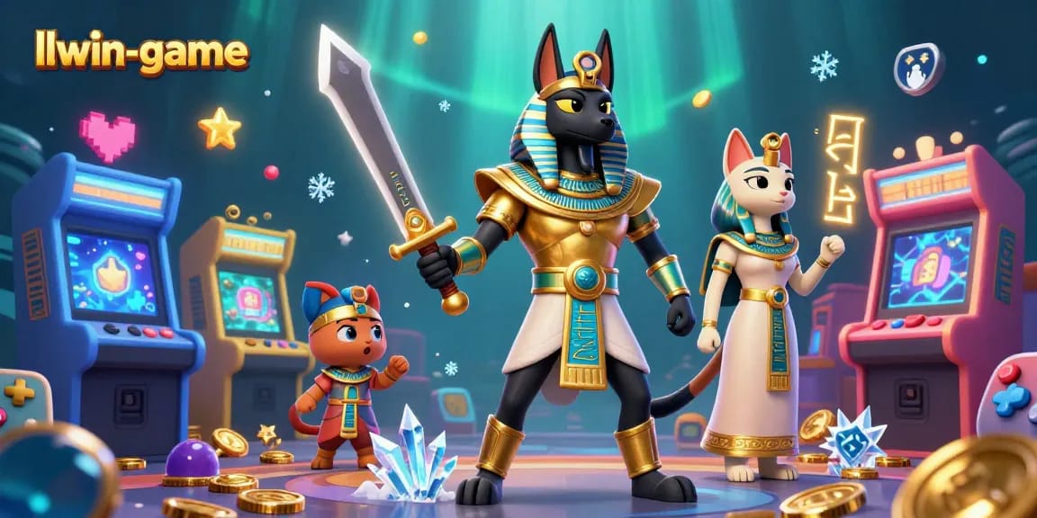 Engage with llwin-game’s vibrant casino environment, featuring Anubis and Bastet amid dynamic gaming elements.
