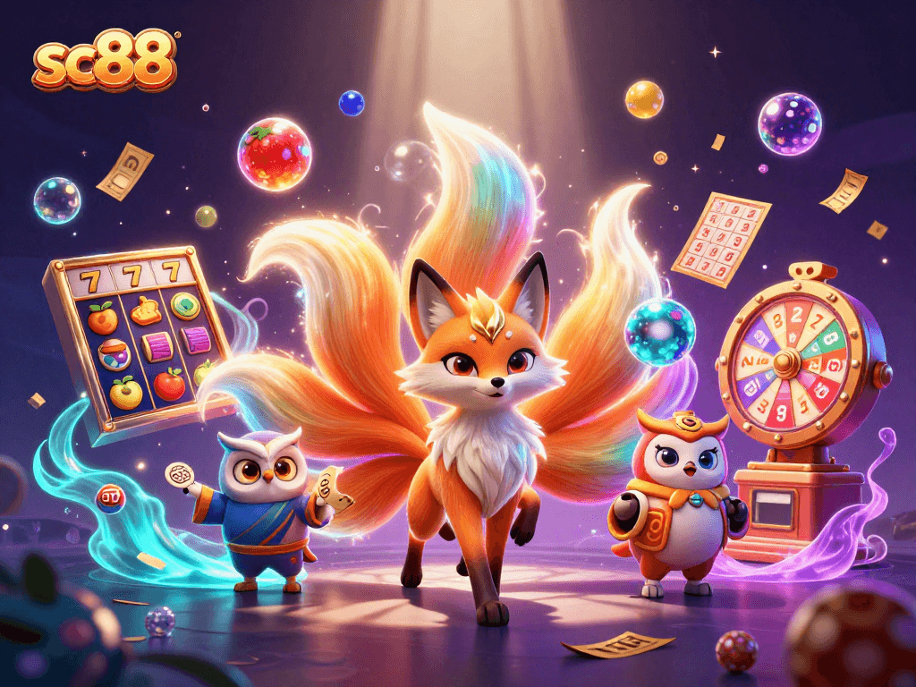 Engage with sc88's vibrant online casino experience featuring a lively fox spirit and colorful slots.