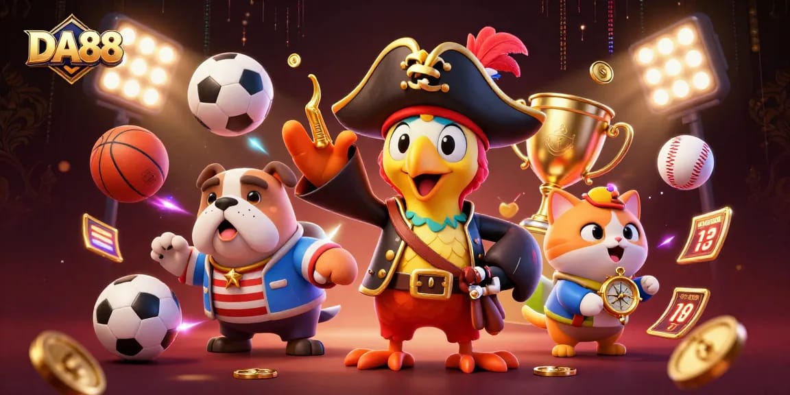DA88 pirate captain and friends celebrate sports betting with dynamic elements and vibrant effects.