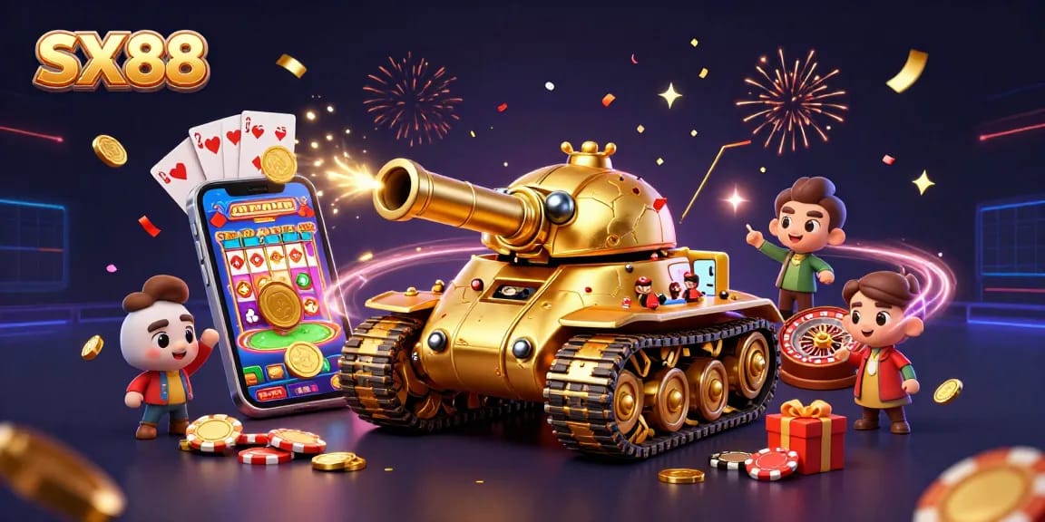 SX88 enhances your gaming experience with vibrant casino-themed 3D imagery, featuring a golden beetle tank and dynamic gameplay elements.