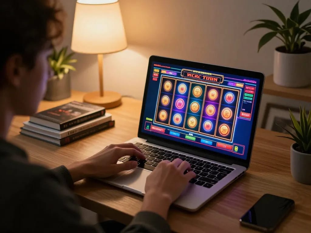 Engaging online gaming moment at 1gom with colorful slot machine interface on a cozy desk setting