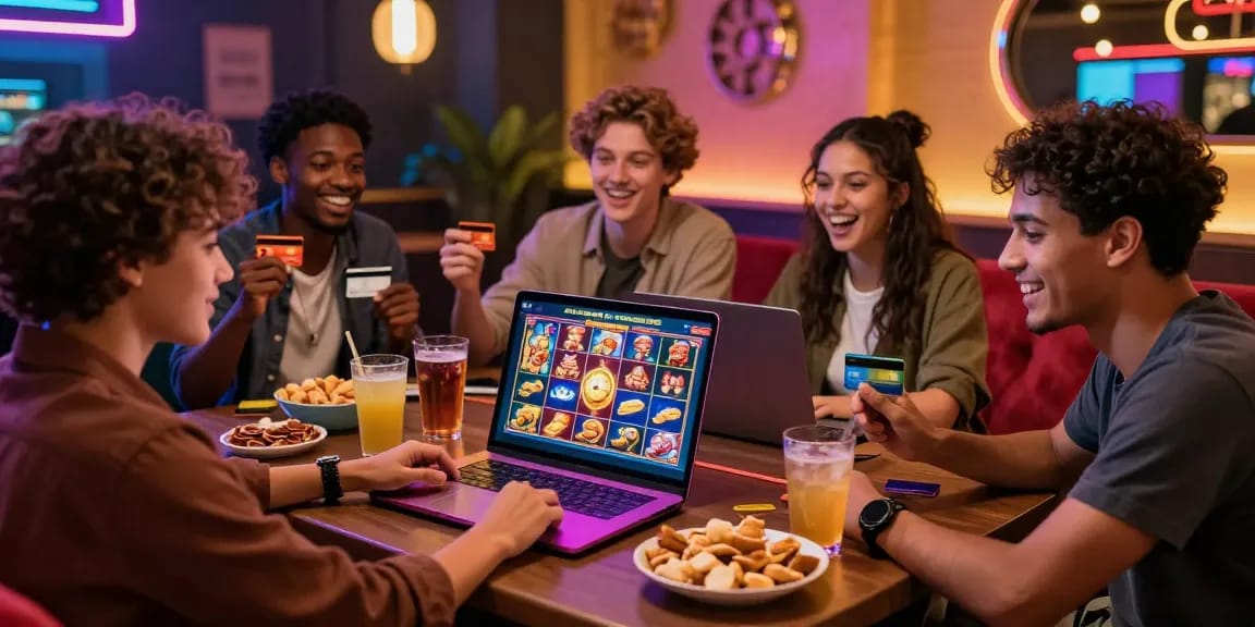 Friends enjoying online casinos accepting credit cards while gaming together around a laptop, with vibrant decor and engaging expressions.