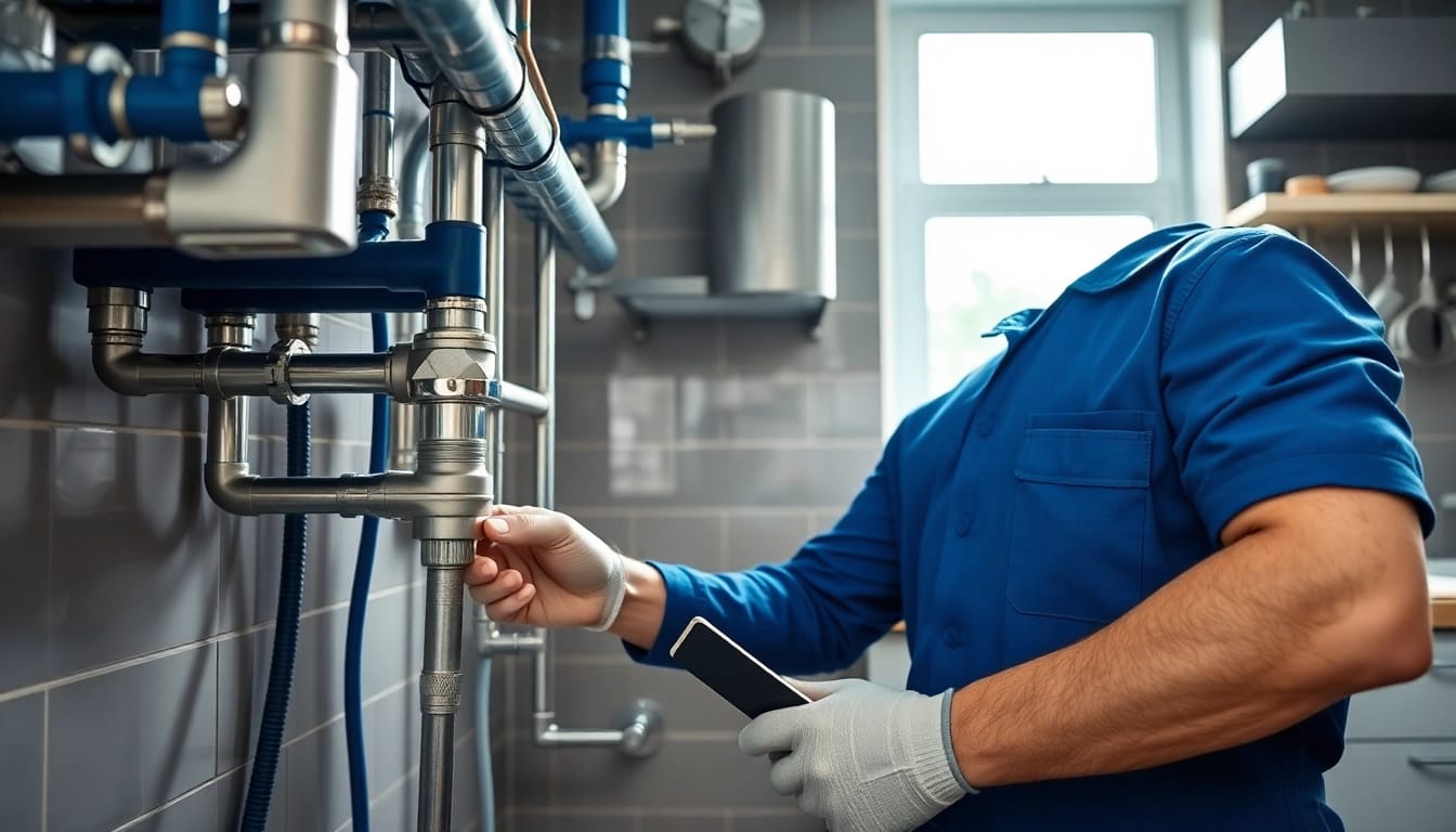 Find a reliable plumber near me checking pipes and fixtures in a bright kitchen.