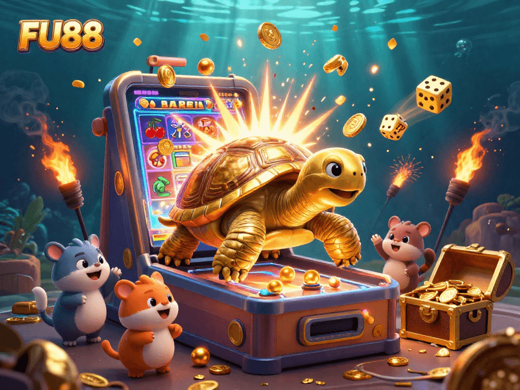 Experience the excitement at FU88 with a vibrant 3D illustration of gaming fun, slot machines, and animated characters.