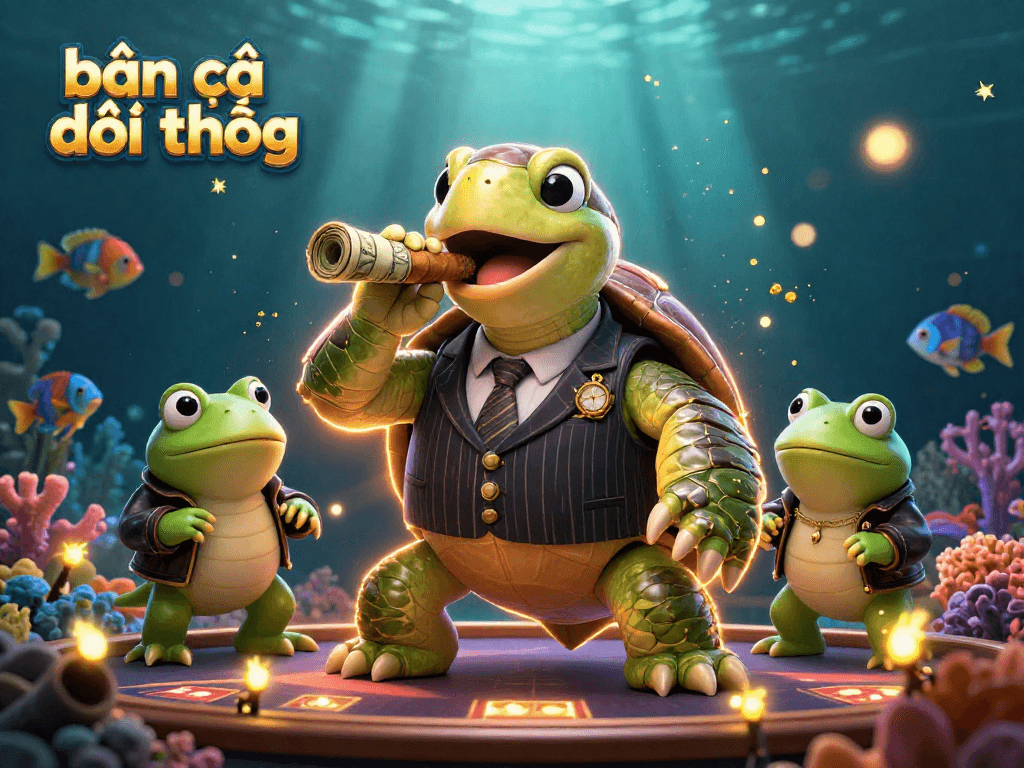 Bắn cá đổi thưởng game scene featuring a cartoon turtle and bullfrogs amidst vibrant underwater visuals.