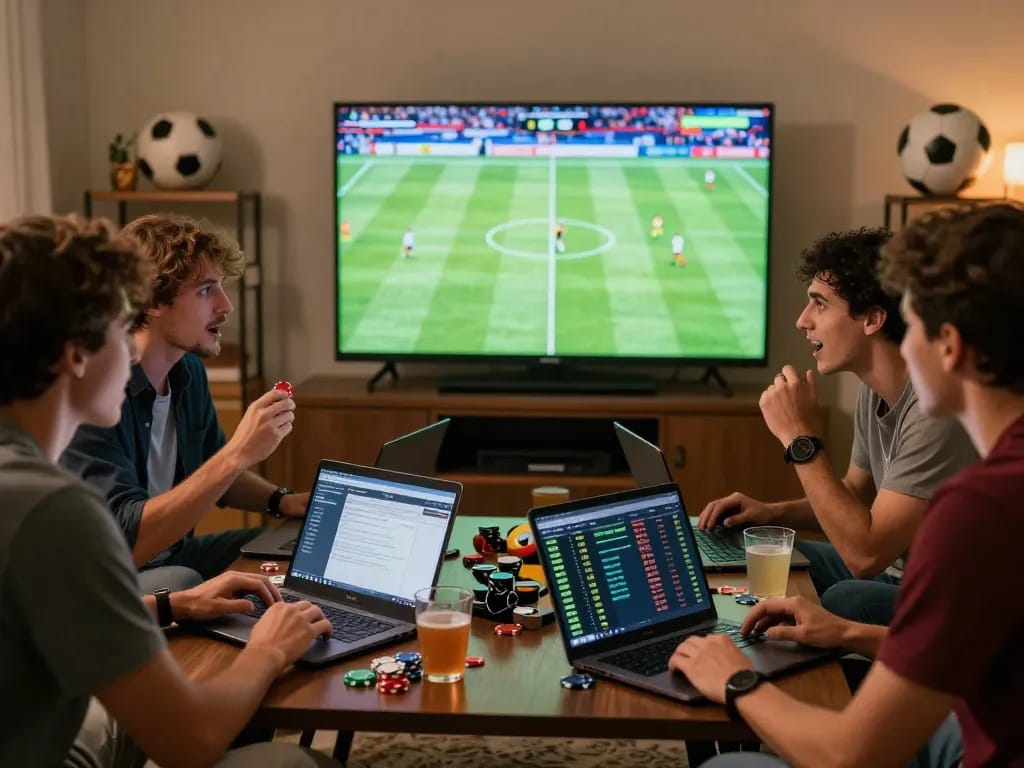 Kèo nhà cái scene with friends engaged in live betting during a football game, showcasing excitement and strategy.