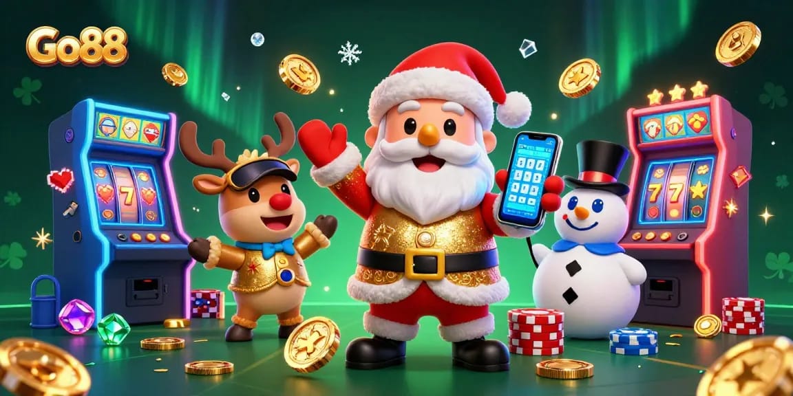 Go88 players revel in a vibrant casino scene with Santa, a reindeer dealer, and a poker chip snowman.