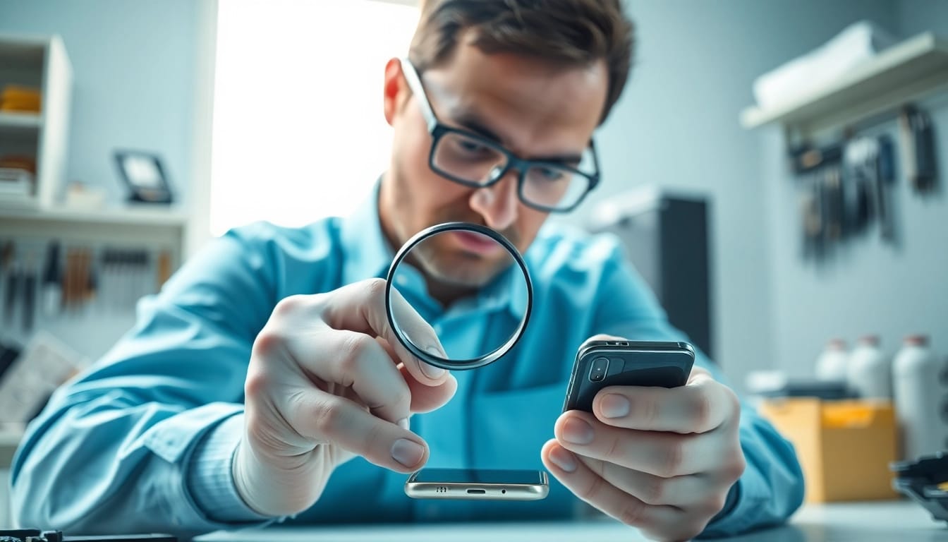 Sell Broken Phone Cash with expert technician examining a smartphone in a clean, organized workshop.