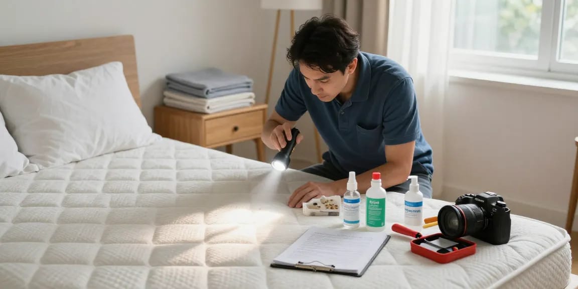 Professional bed bug exterminator inspecting mattress in a cozy bedroom.