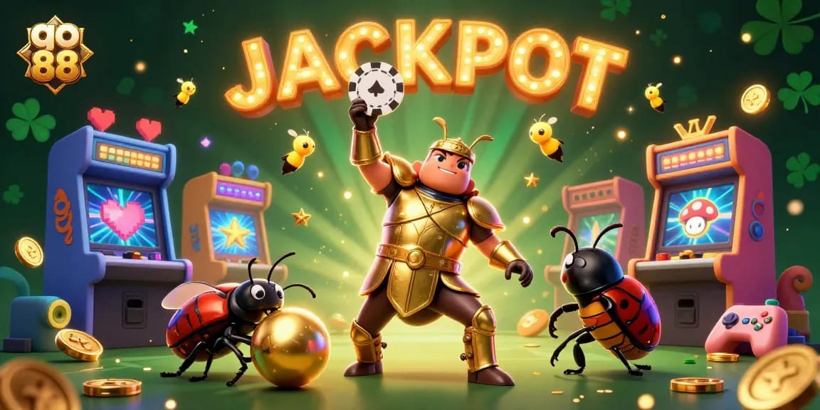 Go 88 brings a vibrant jackpot celebration featuring a hero beetle, making big wins at the casino.