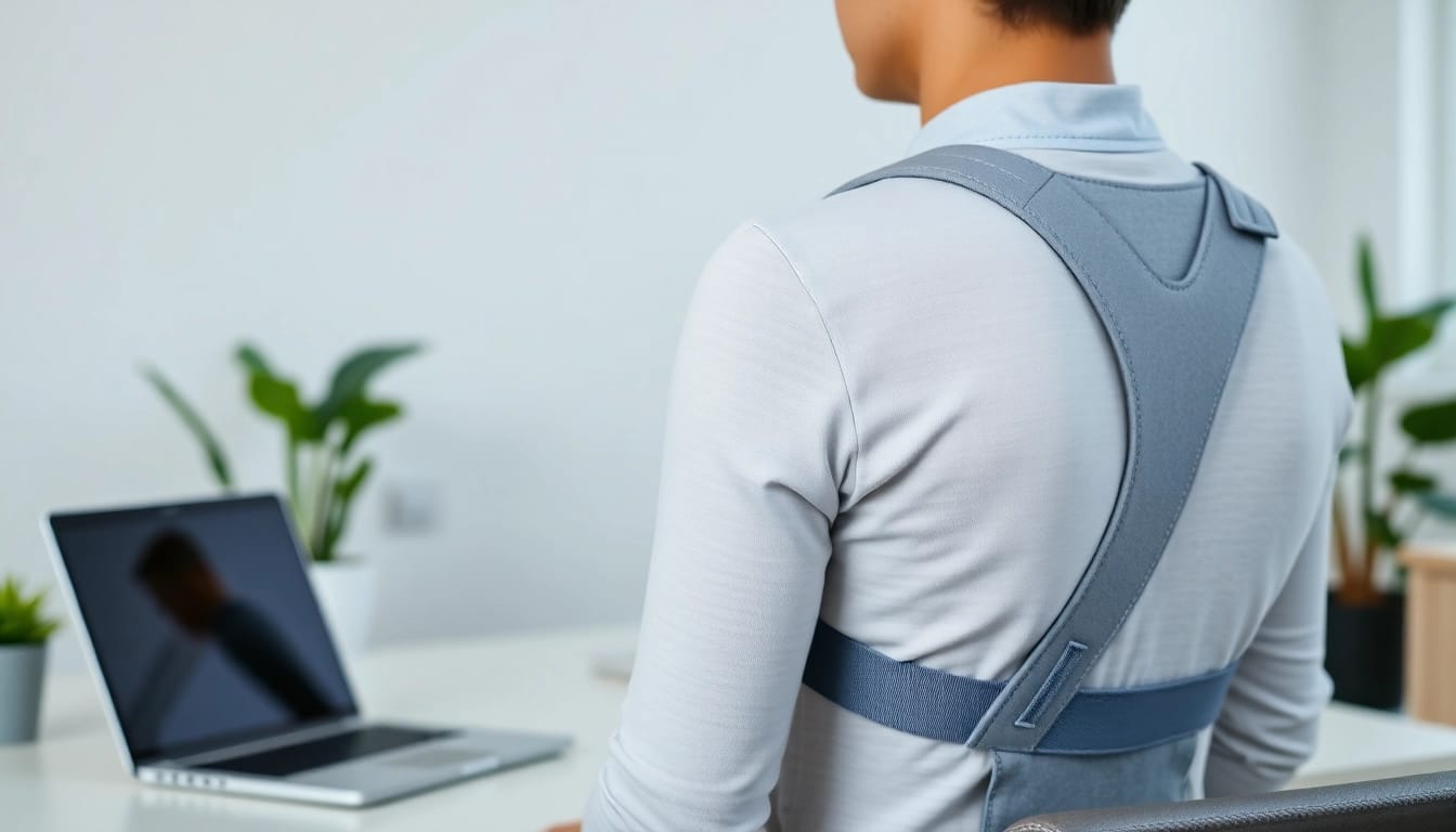 Person using a posture corrector while working, ensuring proper alignment and support.