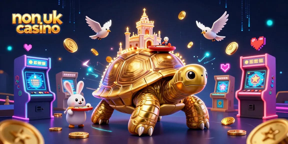 Experience the excitement of the non UK casino with a vibrant, animated scene featuring a golden tortoise and a rabbit dealer.