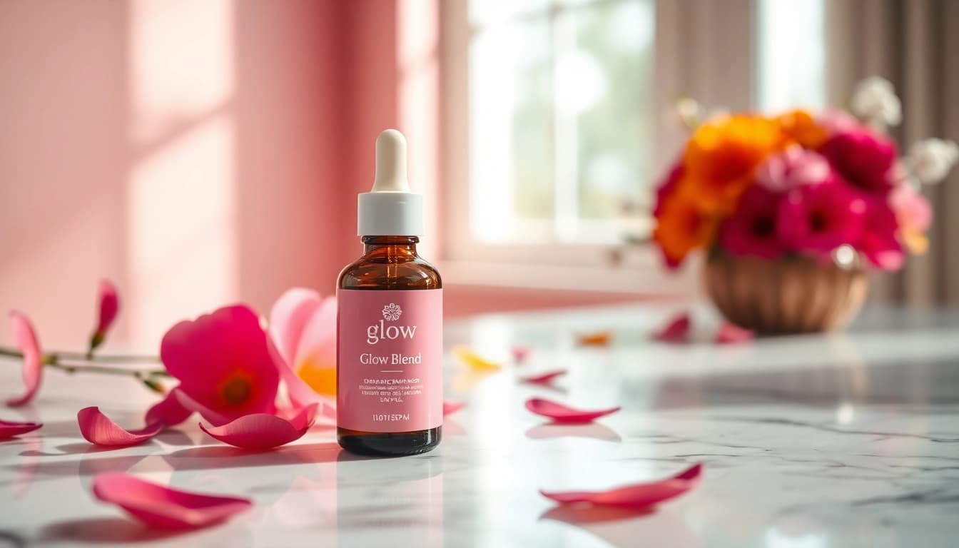 Enhance your skincare routine with Glow Blend serum elegantly displayed with flowers and natural light.