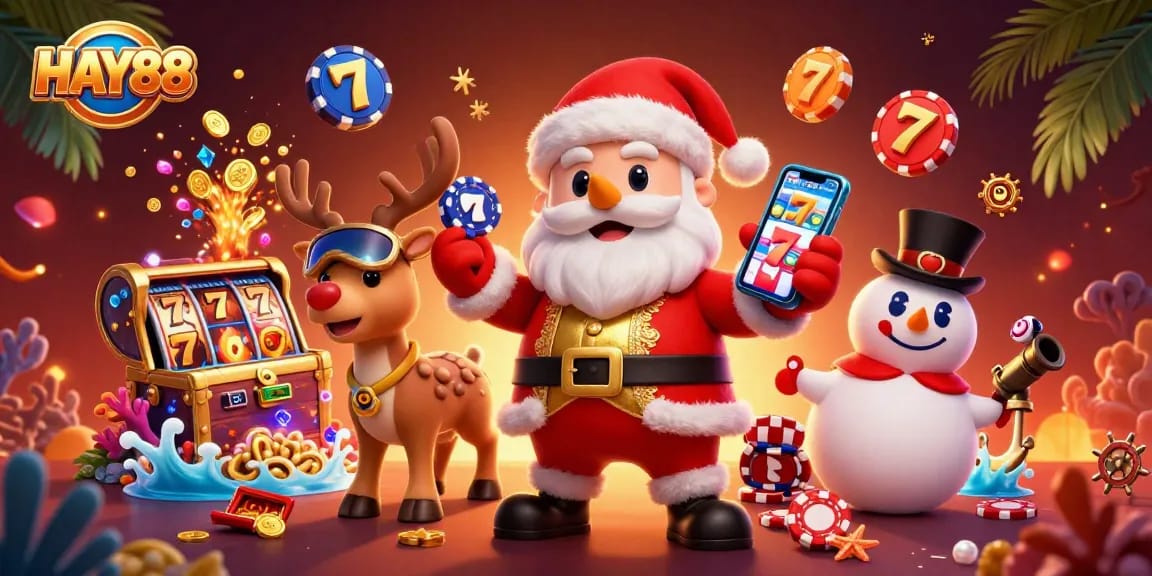 Experience the excitement of HAY88 with Santa Jackpots and casino treasures in this vibrant illustration.