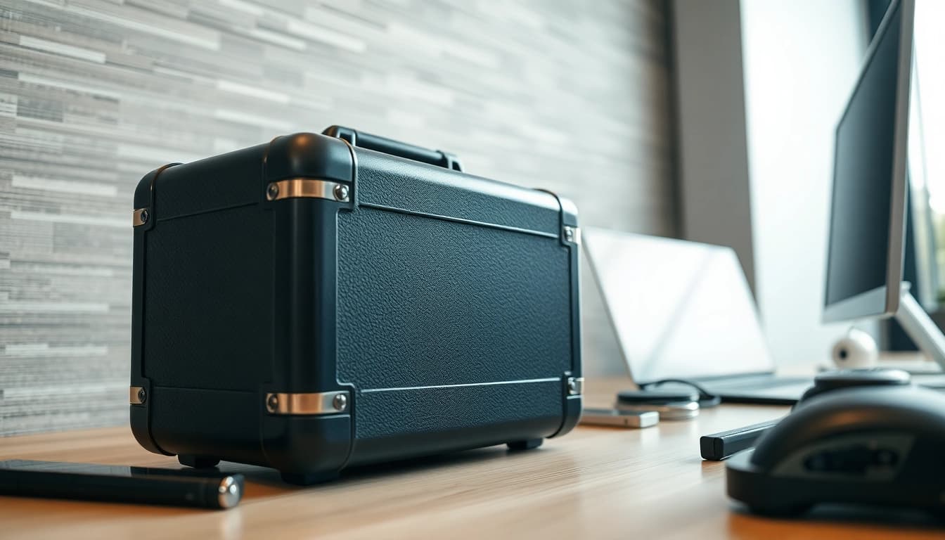 Hard case showcasing premium design and durability in a professional setting.