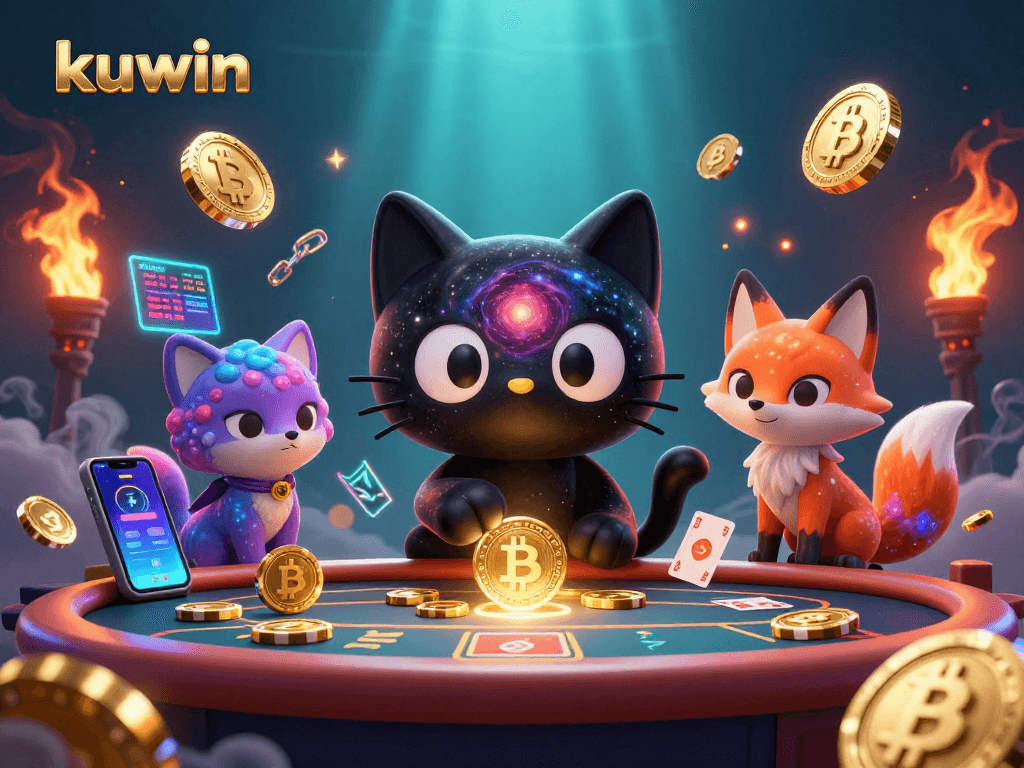Engage with kuwin gaming strategies at a cosmic casino table with charming characters.