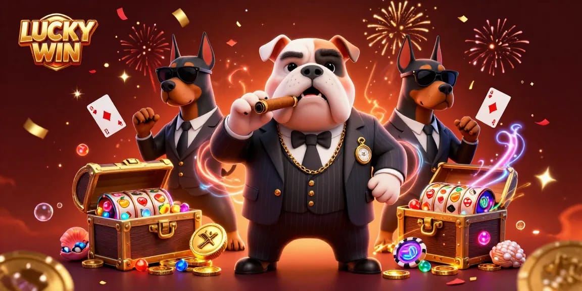 Engage with LUCKYWIN's vibrant casino scene featuring a bulldog boss and dynamic gaming elements.