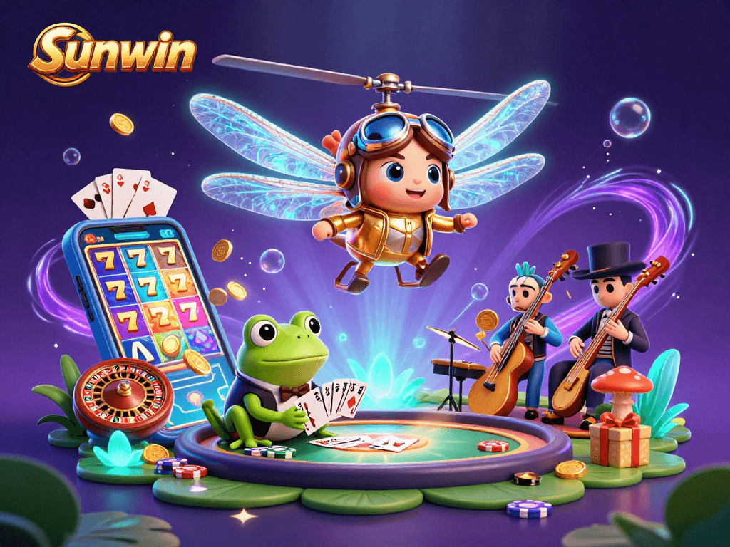 Experience the excitement of sunwin with a vibrant casino scene featuring a dragonfly pilot and frog dealer.