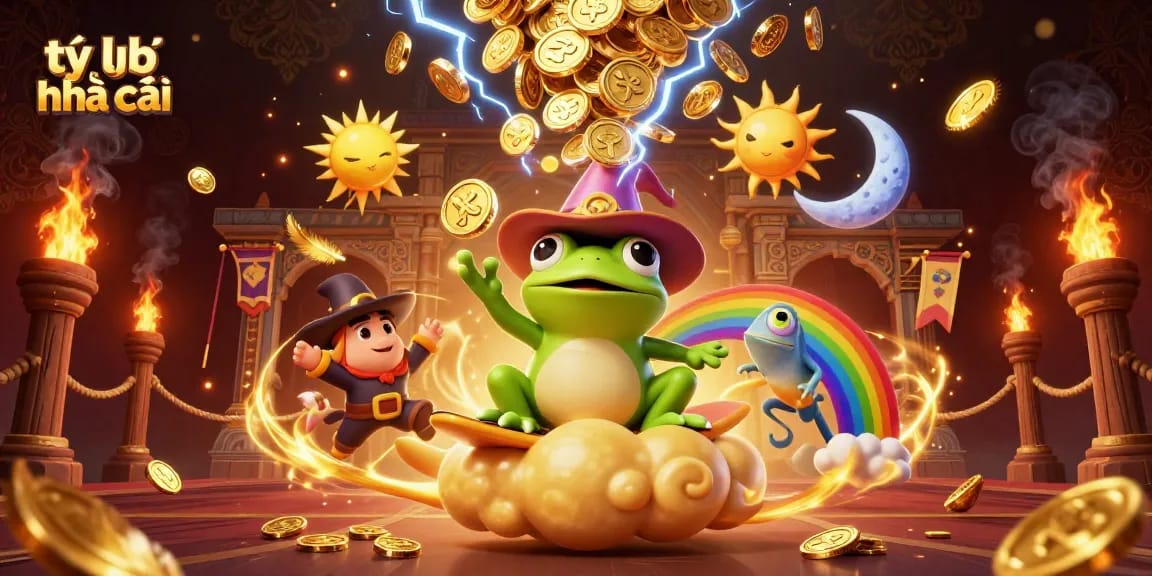 Experience the dynamic tỷ lệ nhà cái with animated characters storming golden coins in a gambling adventure.