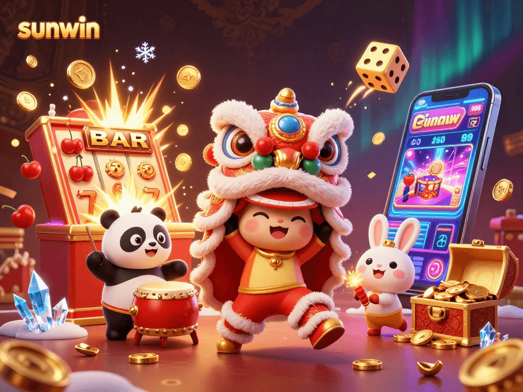 Immerse in the vibrant sunwin slot scene featuring a festive lion dance, coins, and jackpot excitement.