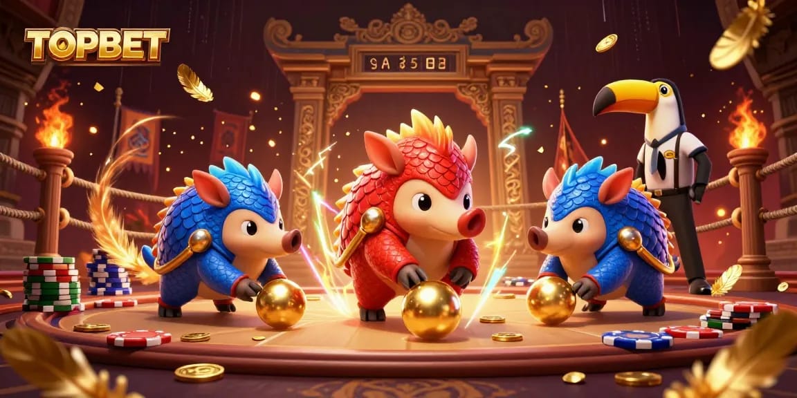 TOPBET pangolins battling in a vibrant casino scene with poker chips and gold coins.