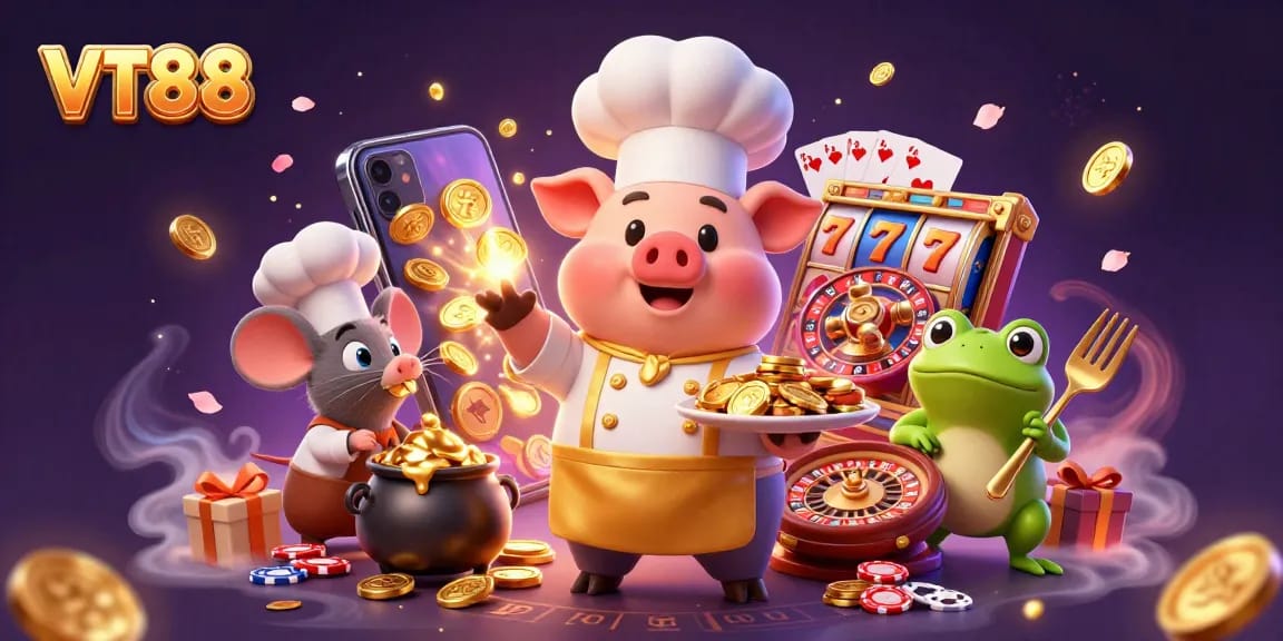 Engage with VT88 in this vibrant casino scene showcasing gourmet gaming elements and rich details.