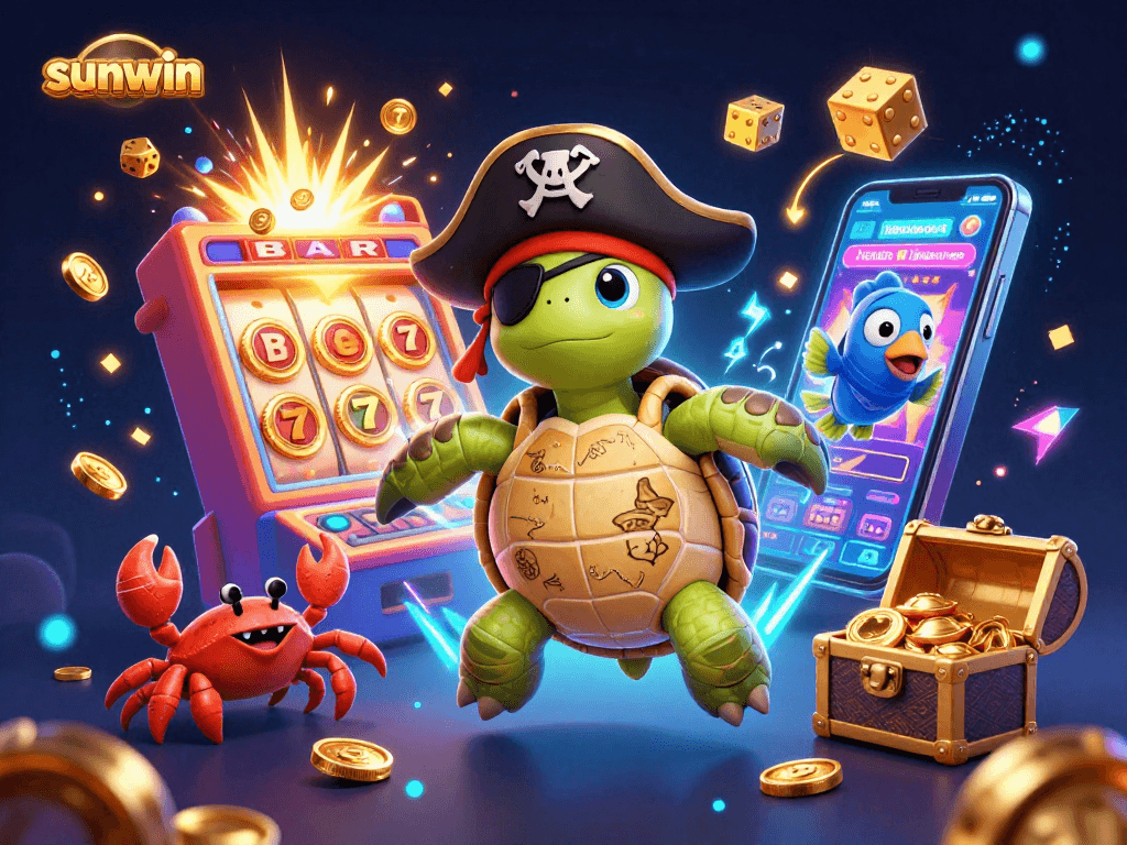Experience the thrill of sunwin with a pirate turtle, hermit crab, and parrotfish among dazzling casino treasures.