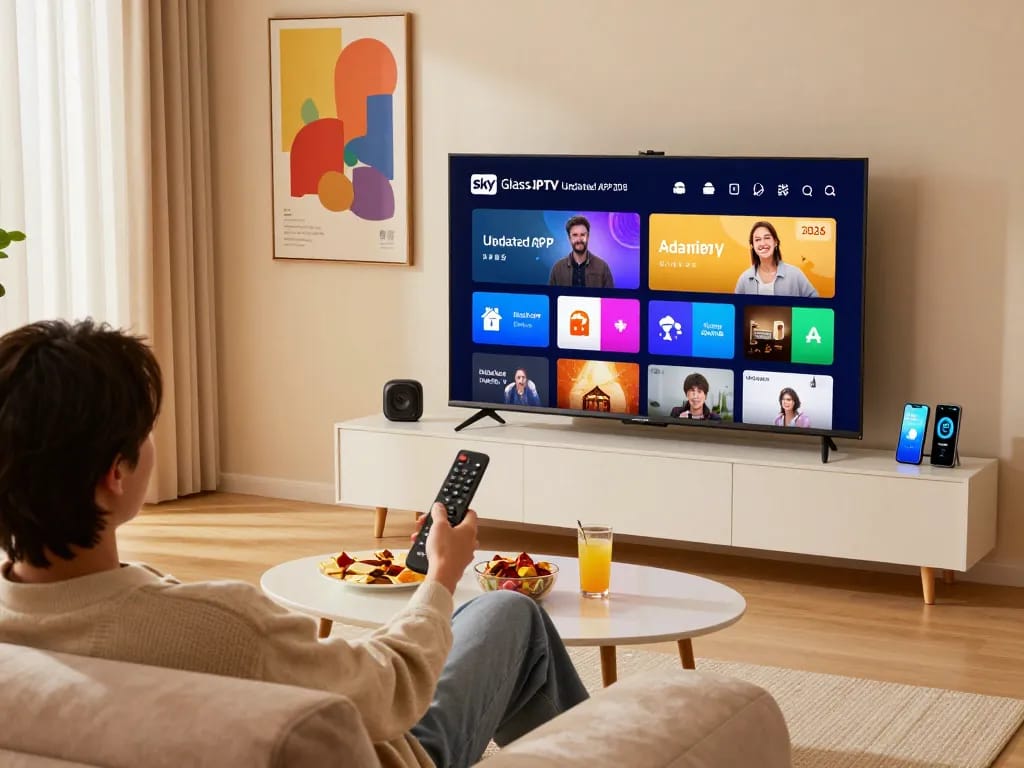 Enjoy seamless streaming with Sky Glass IPTV Updated APP 2026 on modern devices in a cozy living room setting.