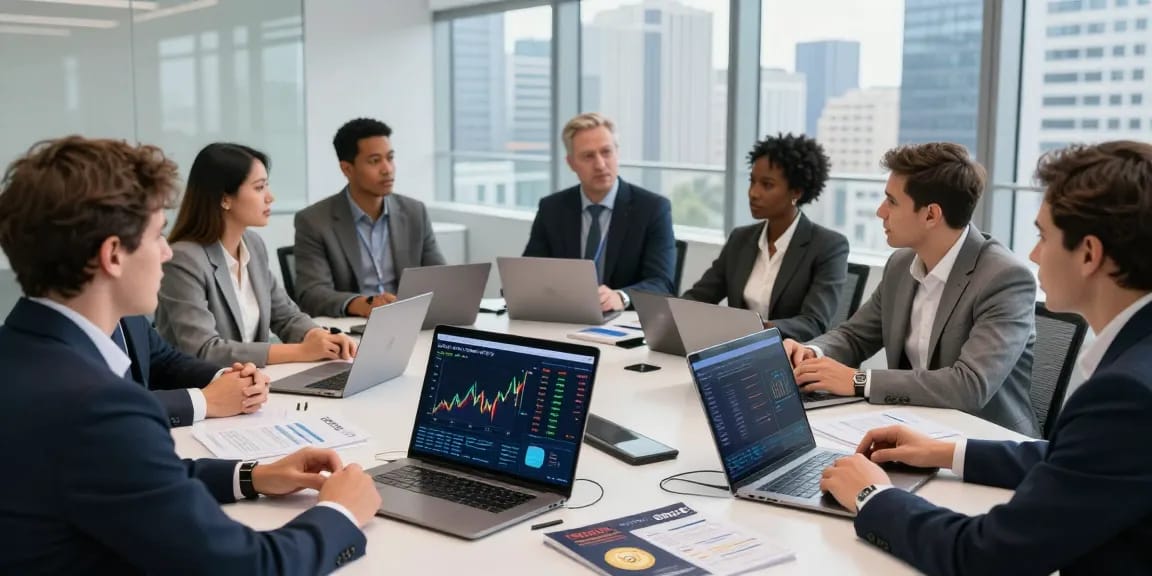 Investors discussing strategies to buy BRICS coins in a modern conference room environment.