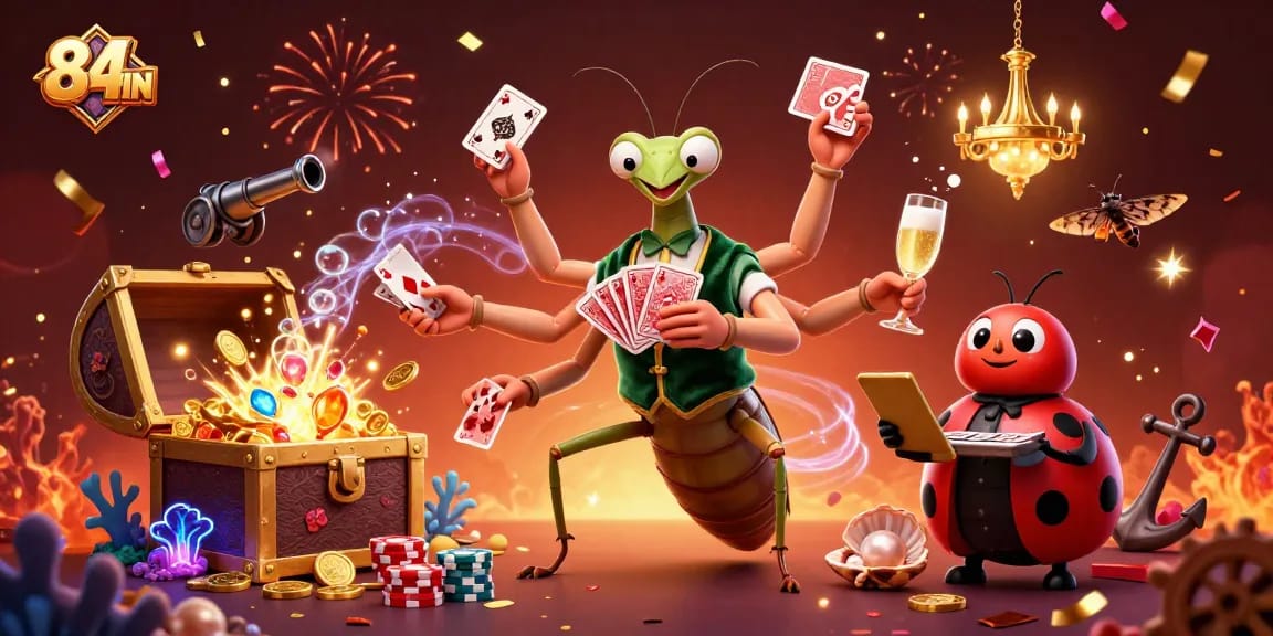 Experience exhilarating gameplay at 84WIN, where giant cartoon characters deal cards and celebrate victories.