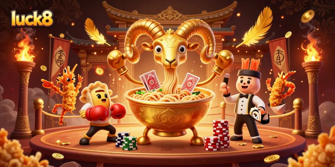 Experience luck8's thrilling action with giant ramen bowl dealers in an explosive casino scene.