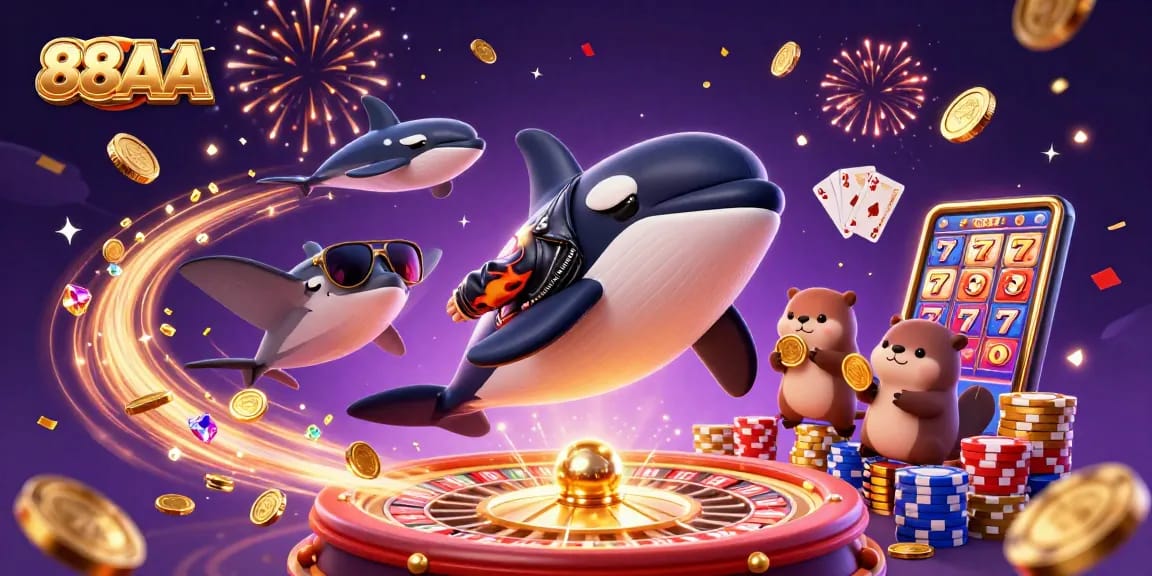 88AA players jump into action with orca and otters while celebrating wins in 3D casino