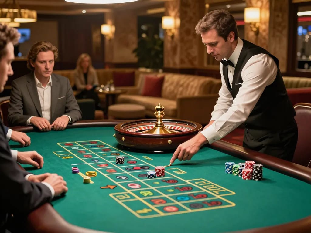 Players experiencing the thrill of betting at xi88 roulette table with croupier in action