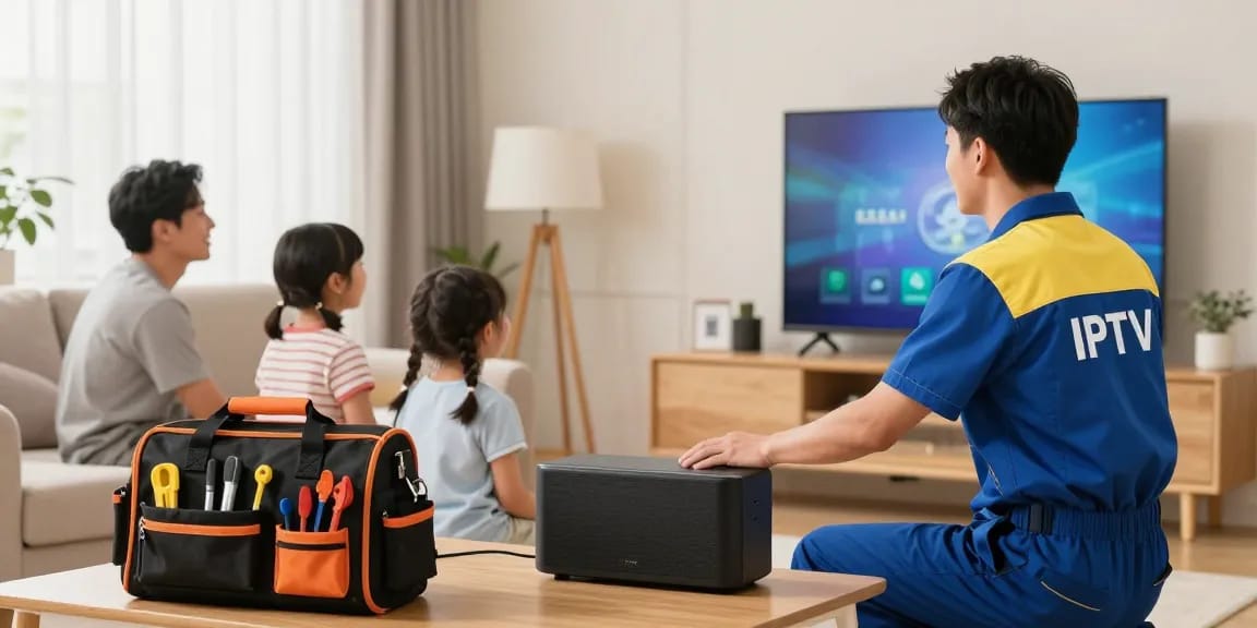 A professional technician installing an IPTV Service in a family's living room, showcasing quality local services.