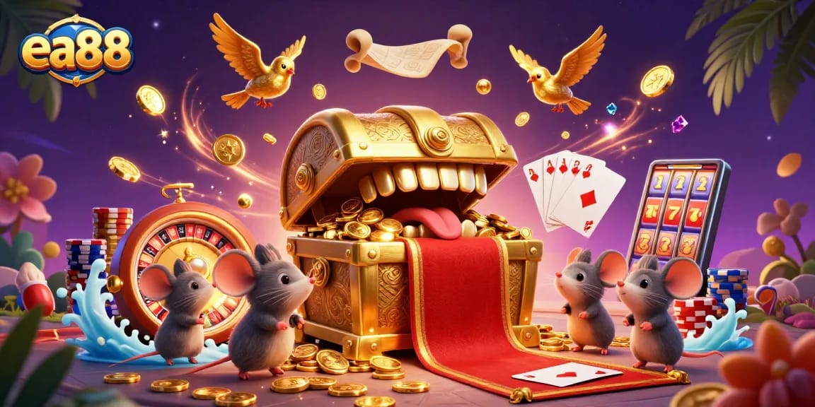 ea88 casino fun with a golden treasure chest, dynamism, and captivating casino elements