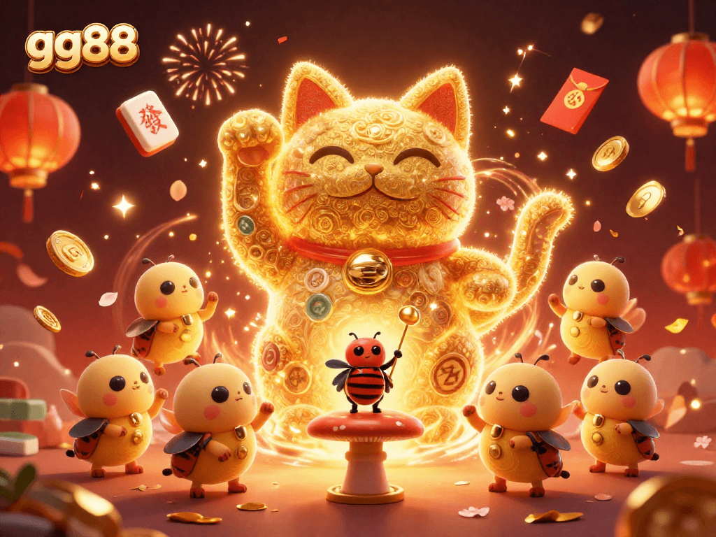 Experience unique rewards at gg88 with a lucky cat amidst casino symbols and festive elements.