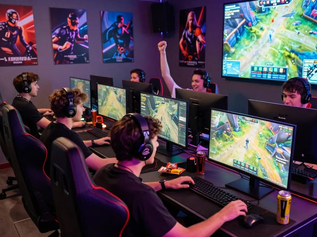 Friends enjoying a competitive gaming session in a vibrant bomwin lounge with multiple monitors and snacks.