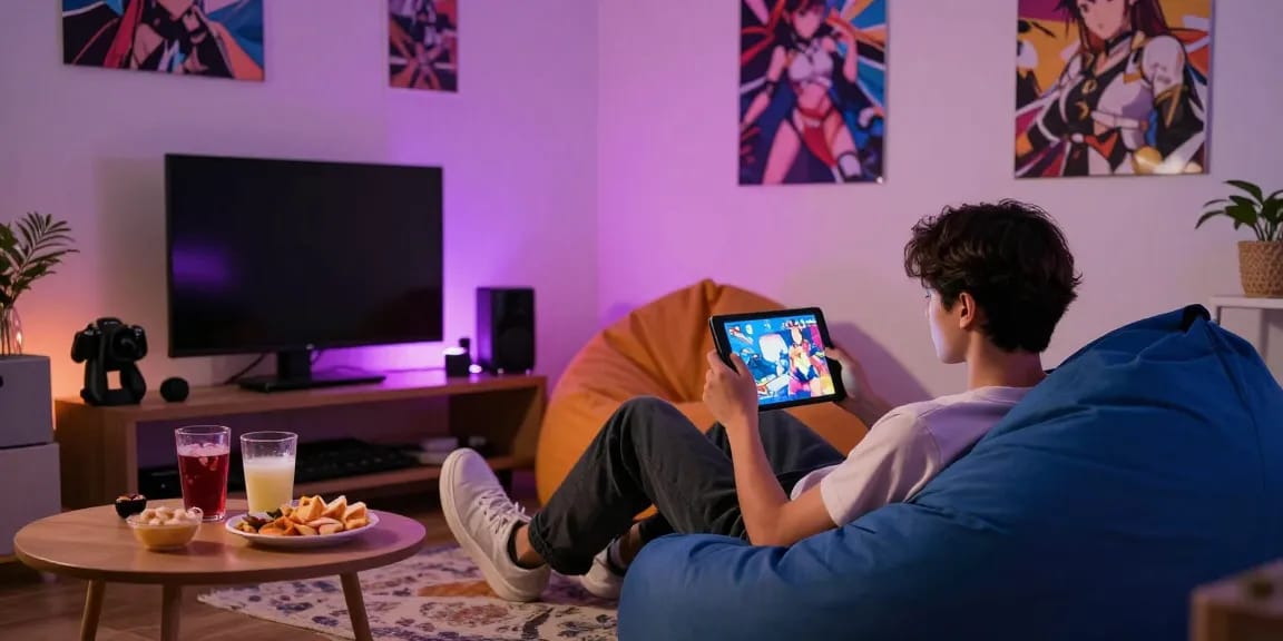 Person enjoying a hentai game on a tablet in a cozy gaming space.
