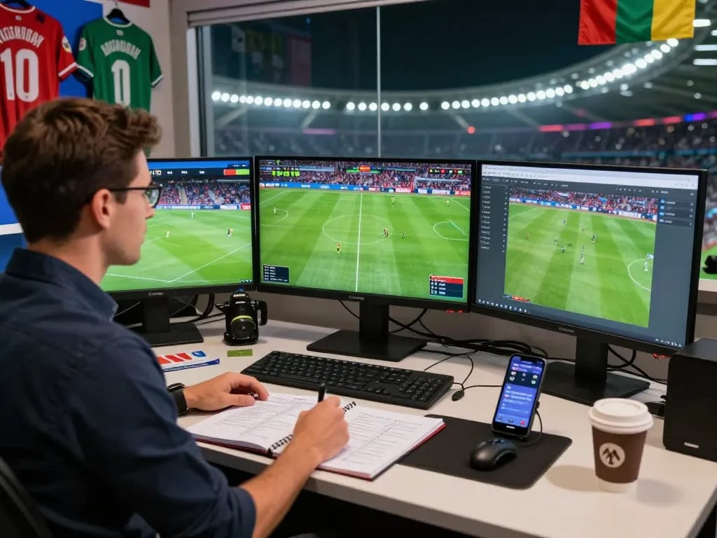 Football analyst engaging with NOWGOAL live scores and match stats for an immersive experience.