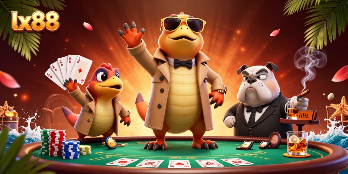 Play poker and win at lx88 with raptors in disguise entering a VIP casino lounge.