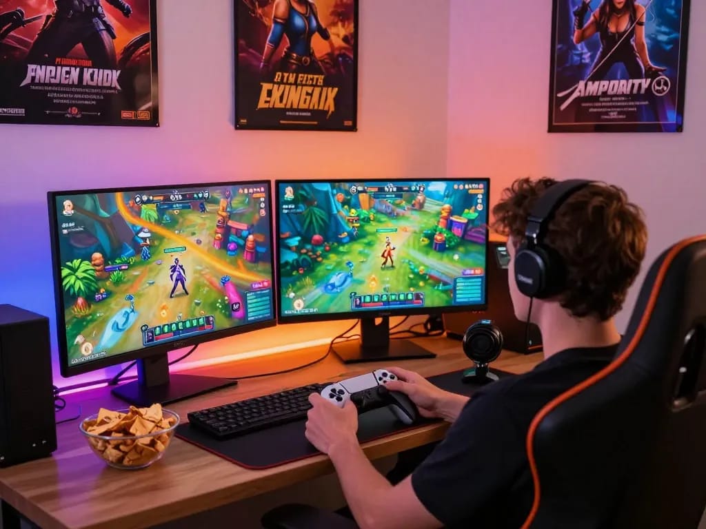 Enjoying immersive sex games in a cozy gaming setup with vibrant graphics.