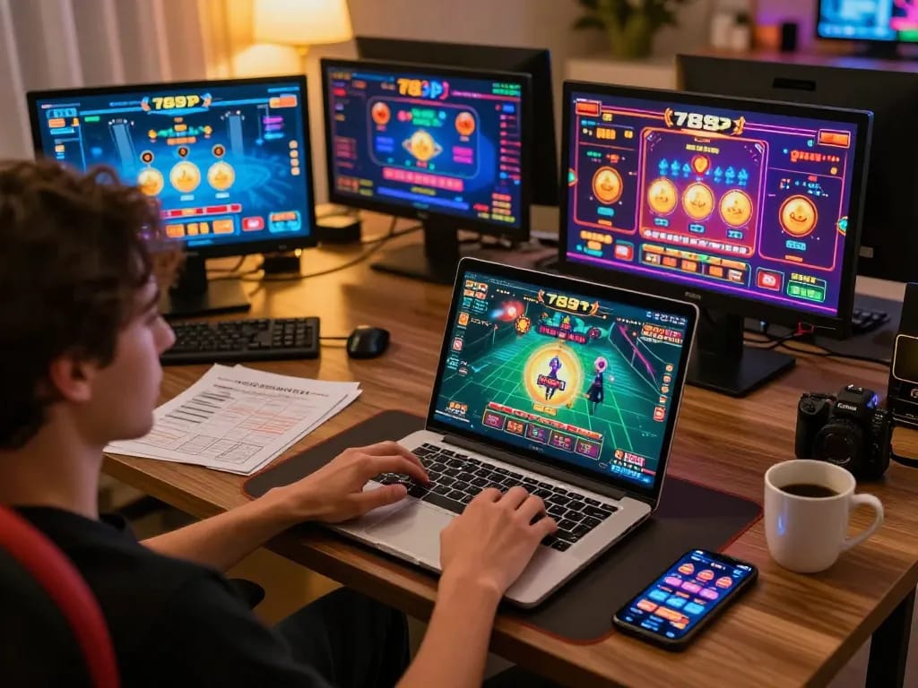 Engaged player enjoys online casino gaming at 789P with vibrant games displayed on laptop screen