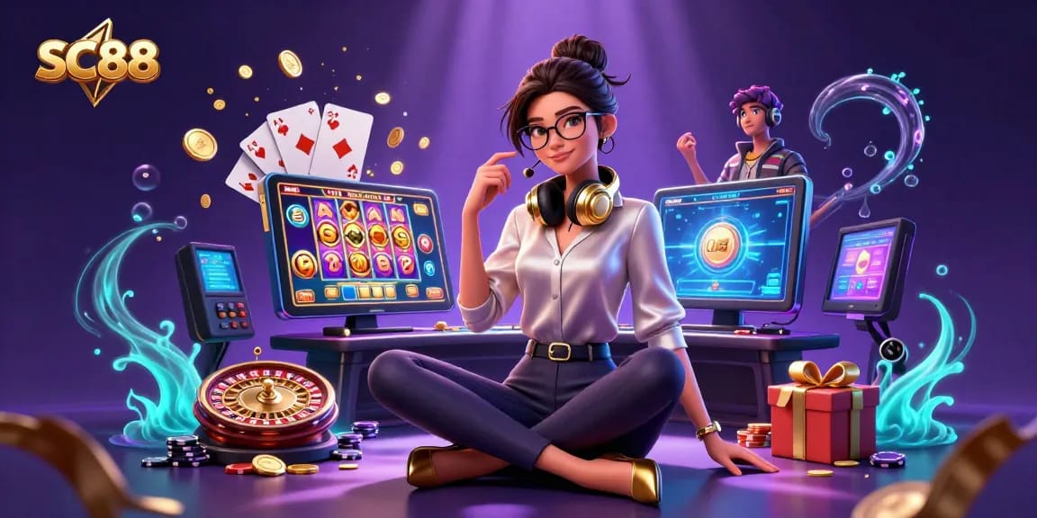 Engaging SC88 casino experience with a professional gamer enjoying vibrant slot games and dynamic interactions.