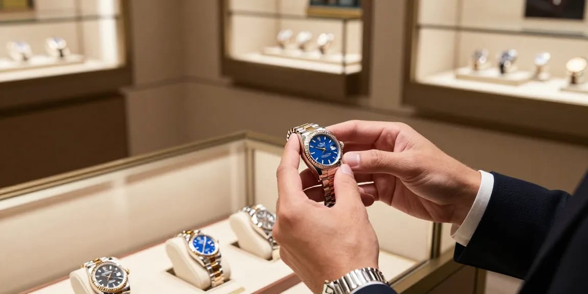 Person evaluating rolex super clone watches in a luxurious boutique, showcasing exquisite details and craftsmanship.