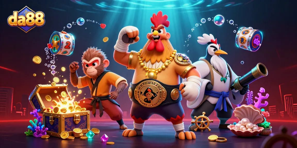 da88 showcases a vibrant 3D casino scene with characters and exciting slot game elements.