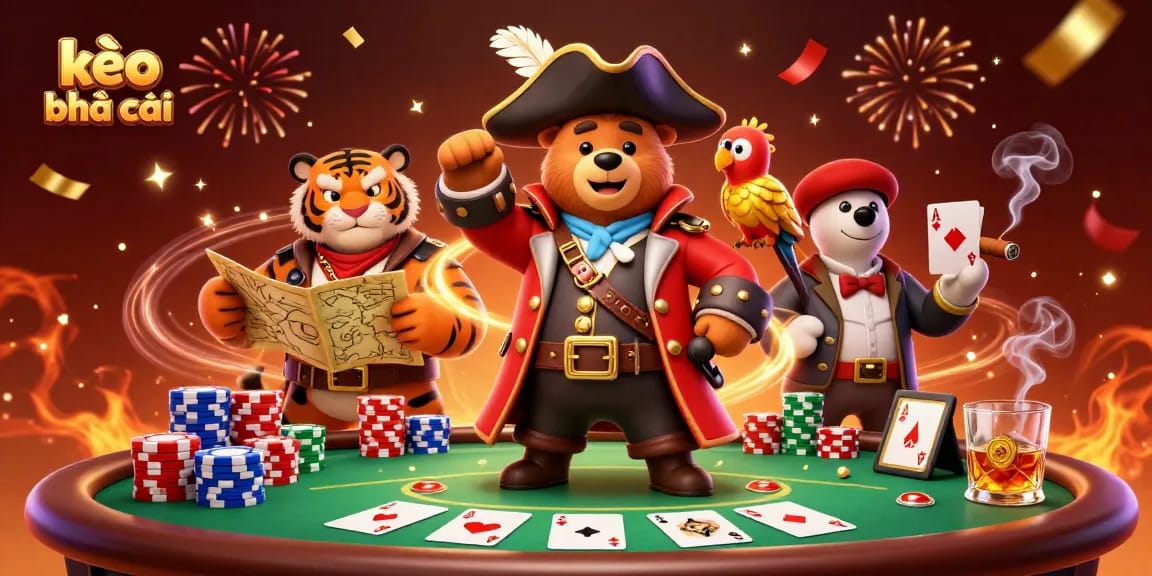 Engage with kèo nhà cái in a dynamic casino scene featuring a pirate bear, tiger, and parrot.