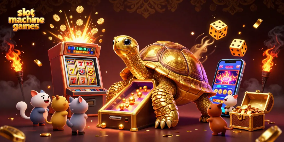 Experience thrilling slot machine games with a golden tortoise and exciting casino elements.
