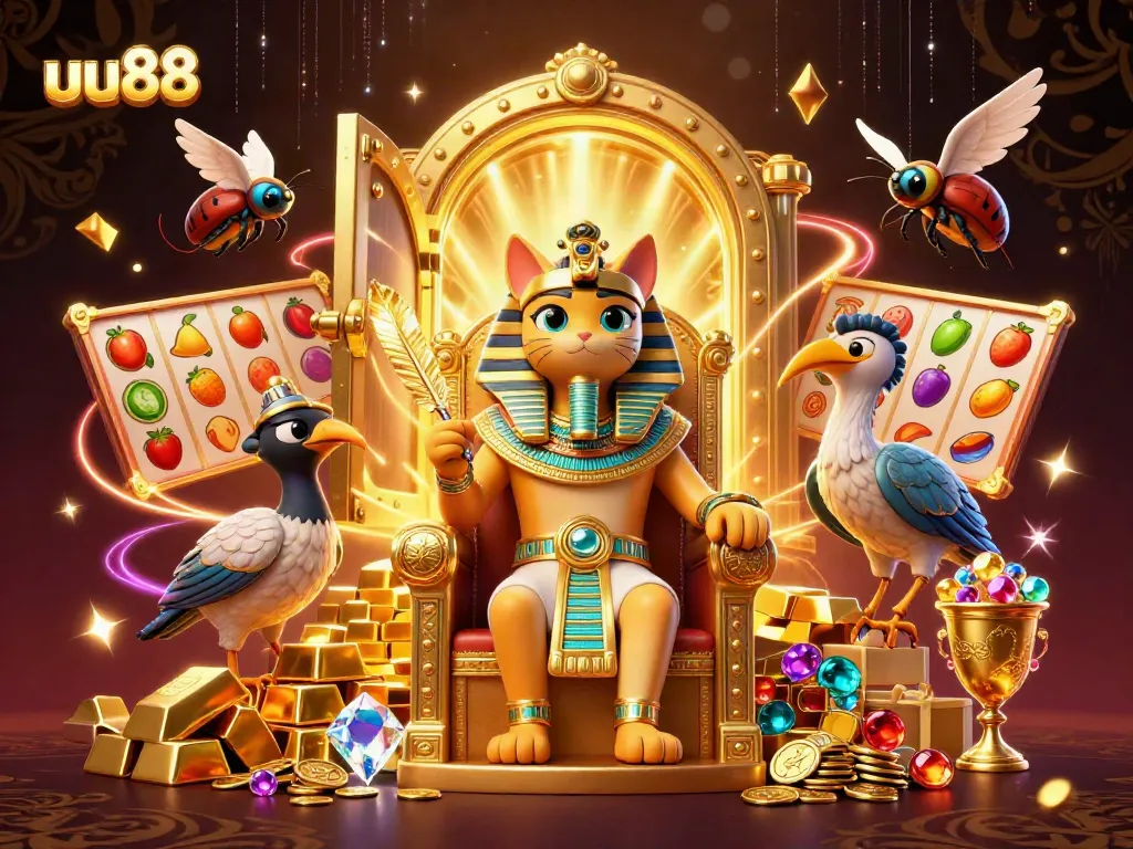uu88 offers vibrant 3D cartoon casino experience with pharaoh cat and treasure elements.